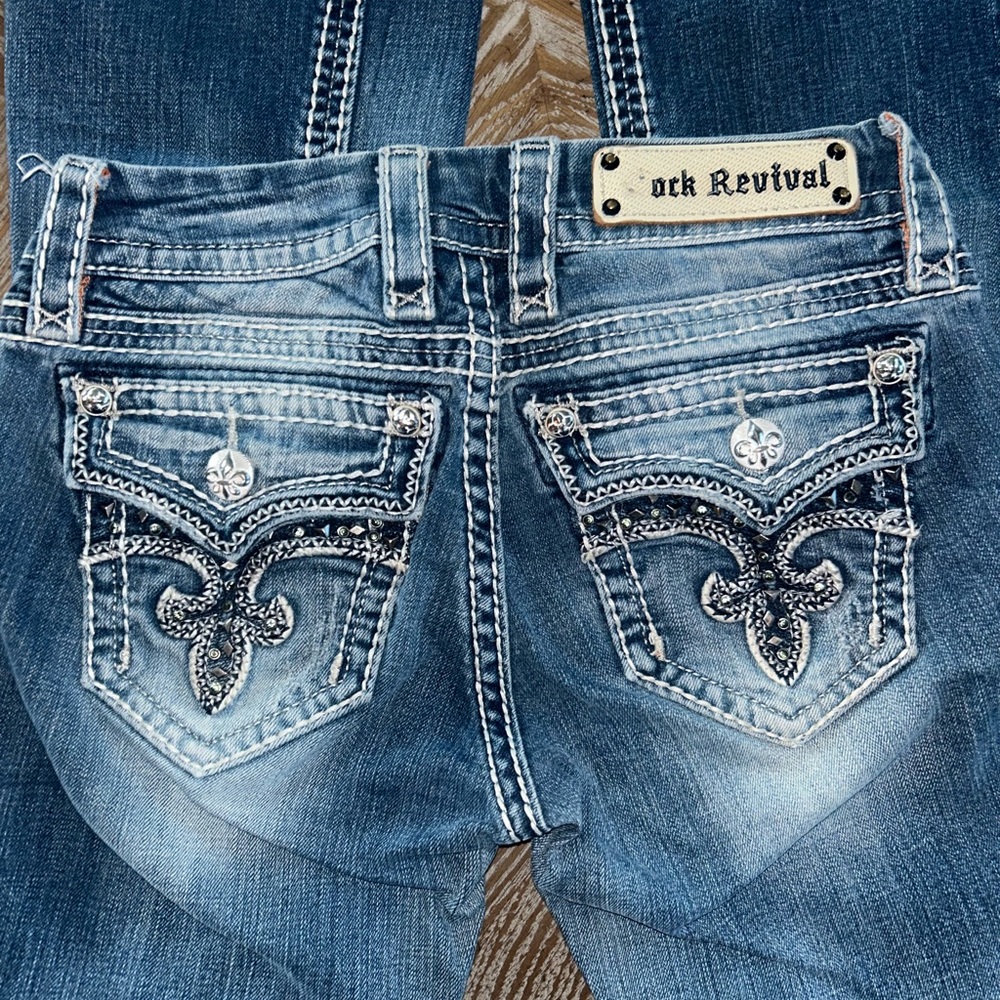 Rock Revival Blue Jeans with Decorative Stitching and Rhinestones